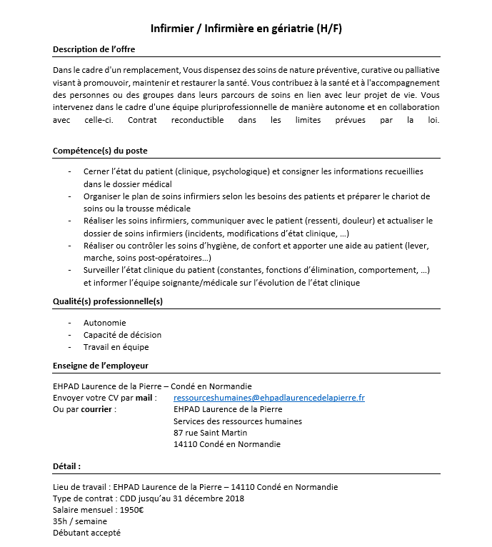 Offre Emploi Ide Ehpad Laurence De La Pierre